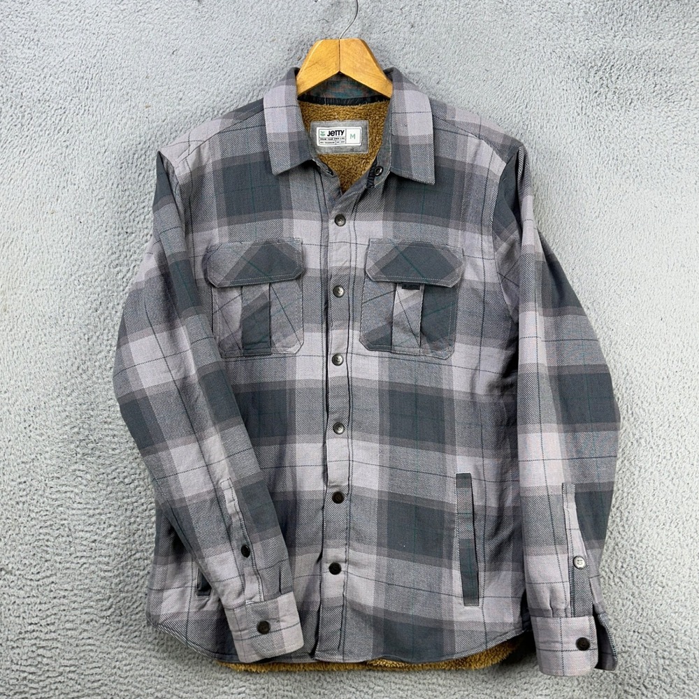 Jetty Sherpa Lined Shirt Jacket Men Medium Gray Black Plaid Shacket Flap Pockets